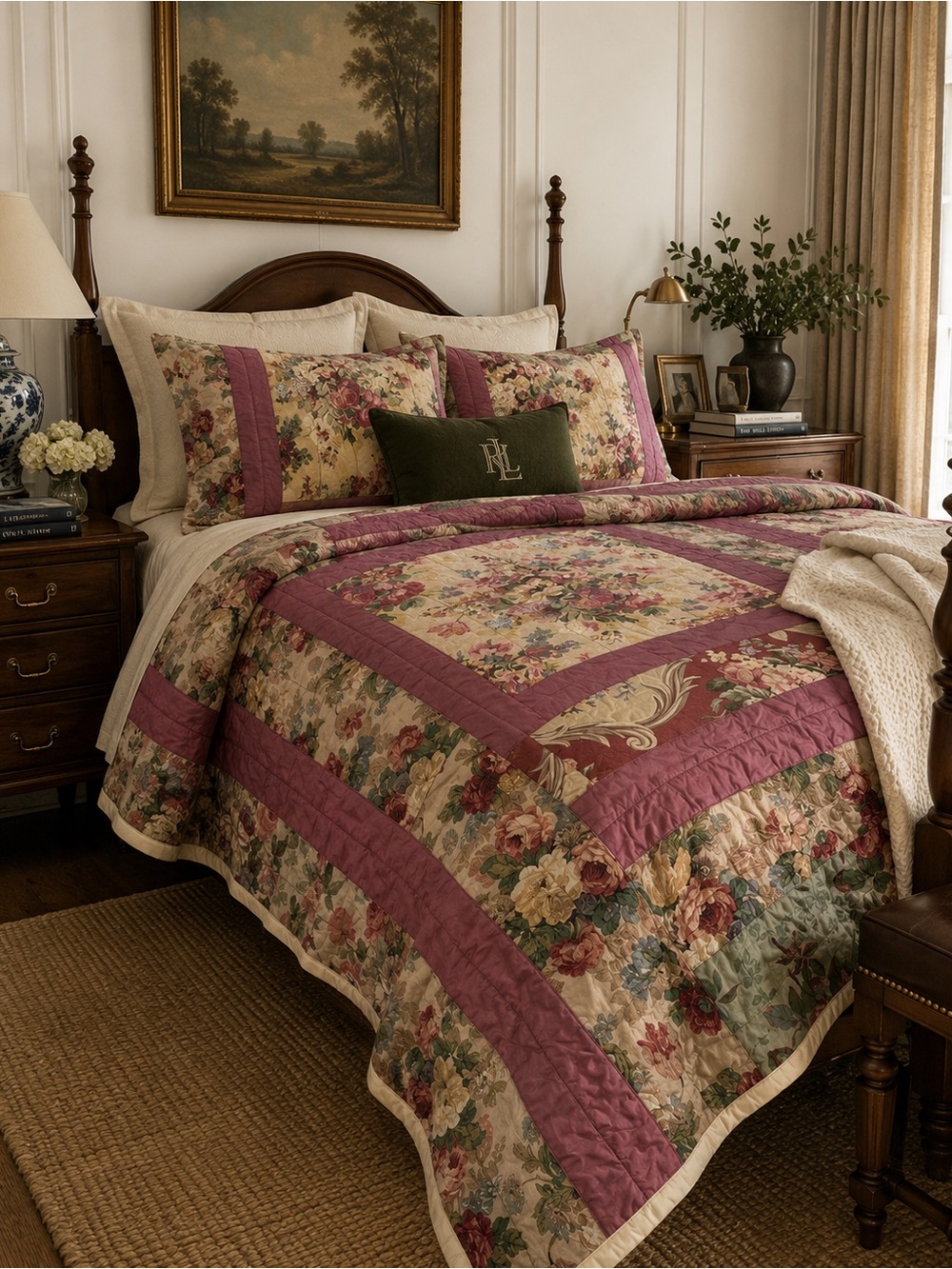 Handmade RL Style Floral Tapestry Patchwork Quilt Mauve Cream Green